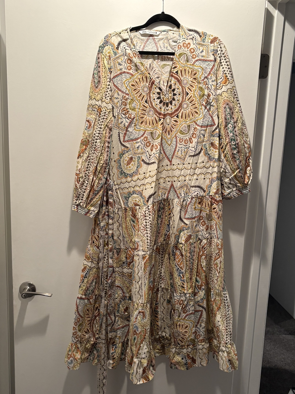 Zara Cream Paisley Midi Dress with Gold and Blue Accents
